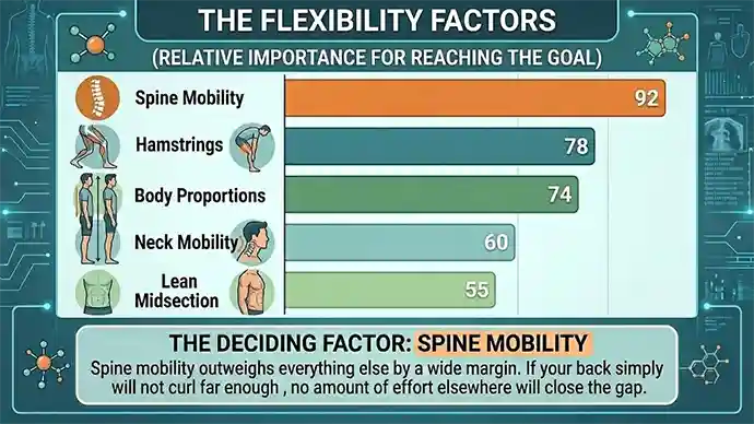 Visual breakdown of the flexibility factors that determine autofellatio: spine mobility, hamstrings, body proportions