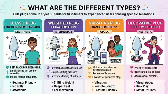 Comparison of the four main butt plug types: classic, weighted, vibrating, and decorative