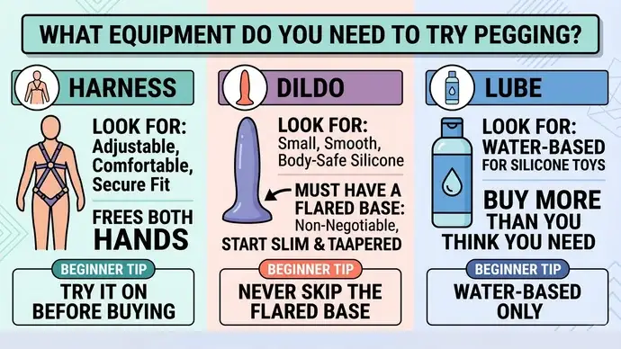 Checklist of equipment needed to try pegging showing a harness a small flared base silicone dildo and plenty of water-based lube
