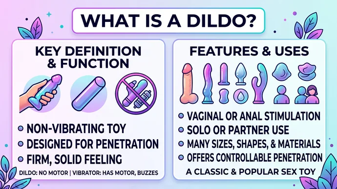 Infographic explaining what a dildo is showing a non-vibrating sex toy made for vaginal or anal penetration and how it differs from a vibrator