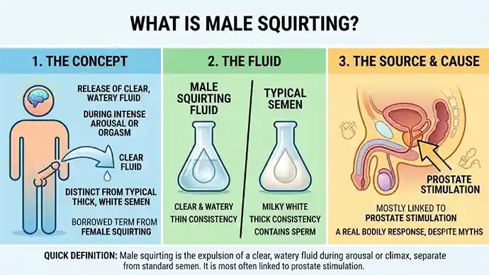 Diagram explaining what male squirting is and the clear watery fluid involved