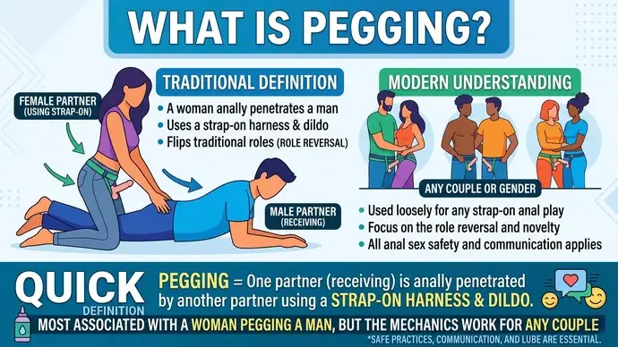 Infographic explaining what pegging is showing a partner wearing a strap-on harness and dildo to anally penetrate the receiving partner