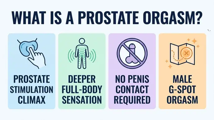 Infographic explaining what a prostate orgasm is showing prostate stimulation climax deeper full-body sensation no penis contact required and the male G-spot