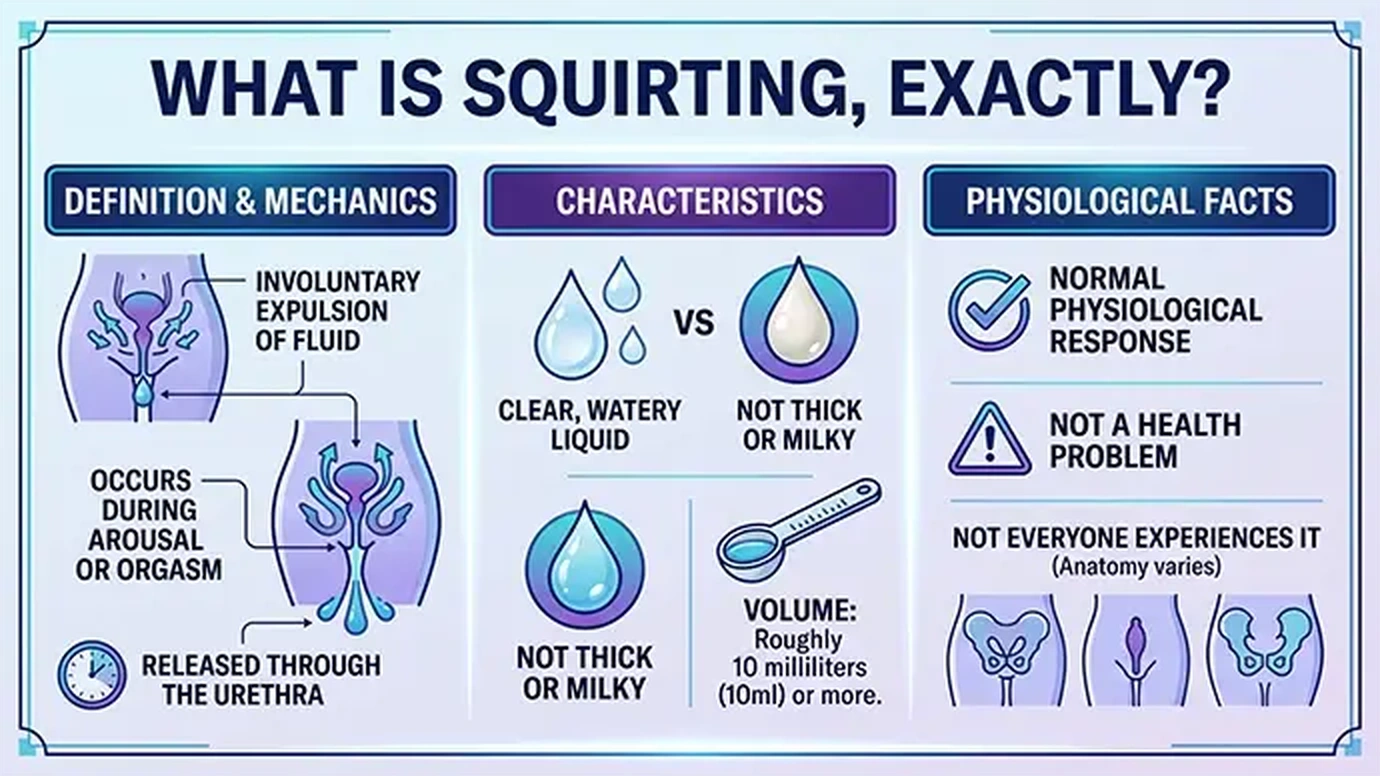 Infographic defining what squirting is showing involuntary expulsion of clear watery fluid through the urethra during arousal or orgasm