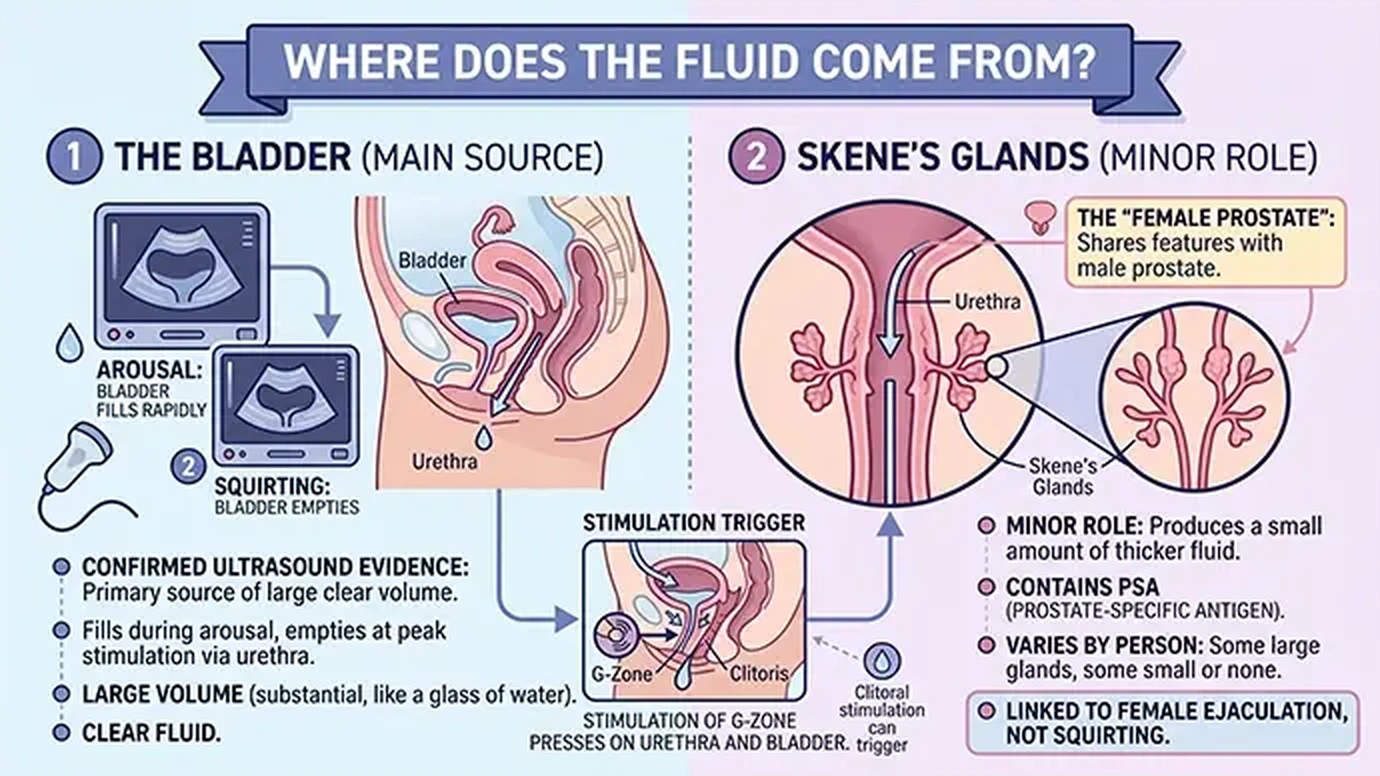 Anatomical illustration showing the bladder urethra and Skene glands as the sources of squirting fluid