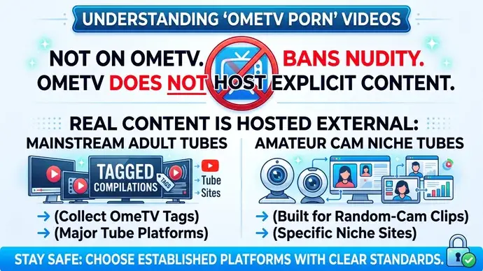 Infographic showing OmeTV porn videos live on third party adult tube sites including mainstream tubes and random cam niche tubes with a safety warning about clones