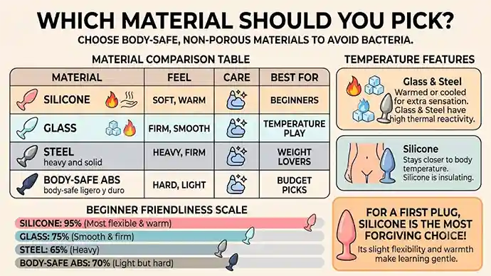 Visual comparing butt plug materials silicone glass steel and ABS by feel and care