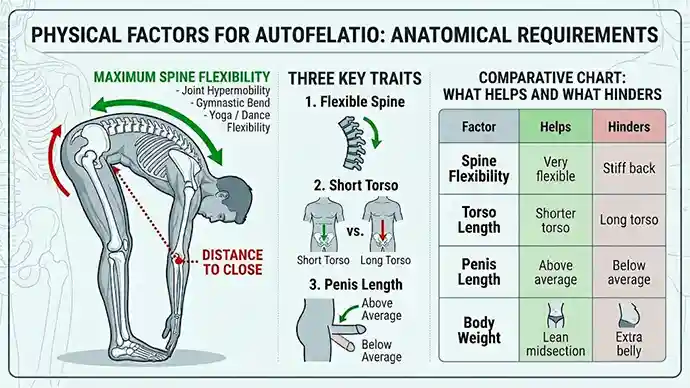 Illustration of the body traits that help with autofellatio: flexible spine, short torso, lean midsection