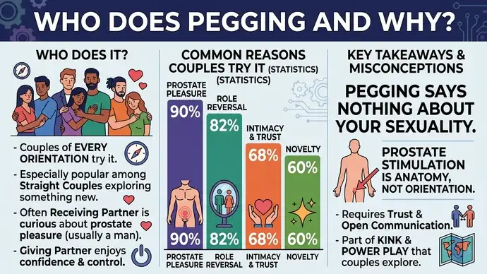 Chart showing the most common reasons couples try pegging including prostate pleasure role reversal intimacy and novelty