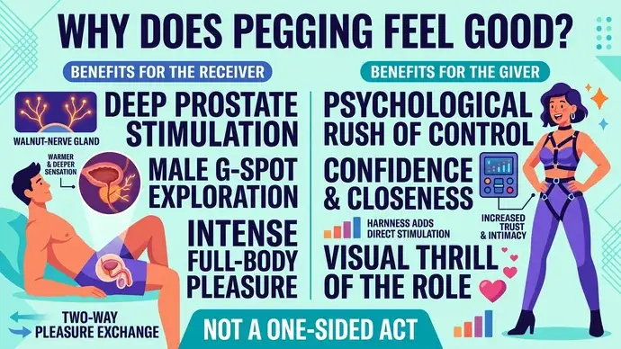 Diagram showing why pegging feels good explaining prostate stimulation through the anal wall as the male G-spot and two-way pleasure for both partners