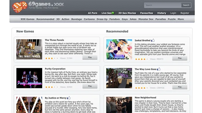 69Games homepage screenshot - adult games site