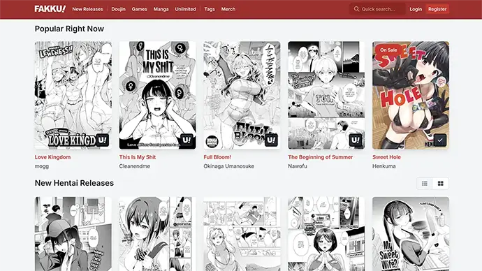 Fakku homepage screenshot - premium hentai manga publisher