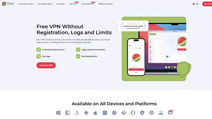 Planet VPN homepage screenshot showing VPN service features
