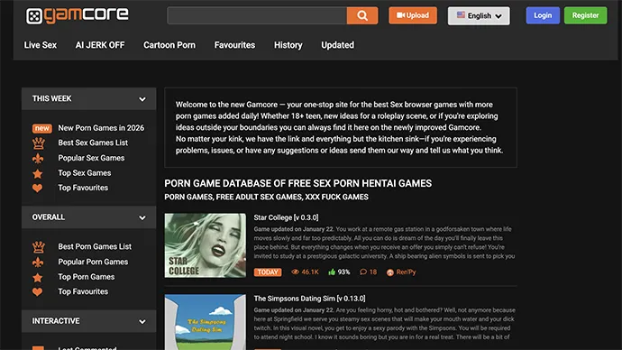 GamCore homepage screenshot - free porn games site