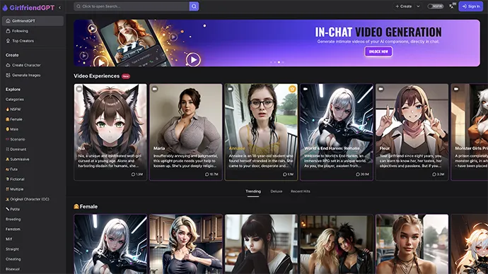 GPTGirlfriend homepage screenshot - AI girlfriend companion platform