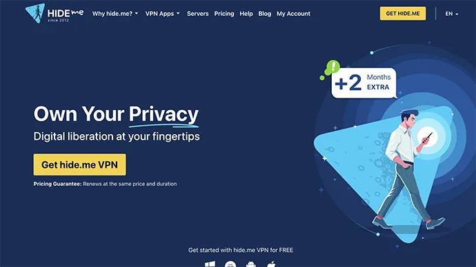 Hide.me homepage screenshot showing privacy-focused VPN service