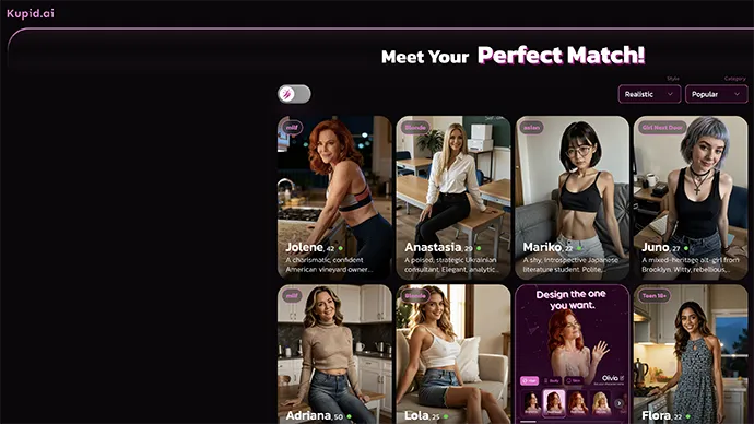 Kupid homepage screenshot - AI girlfriend customization platform