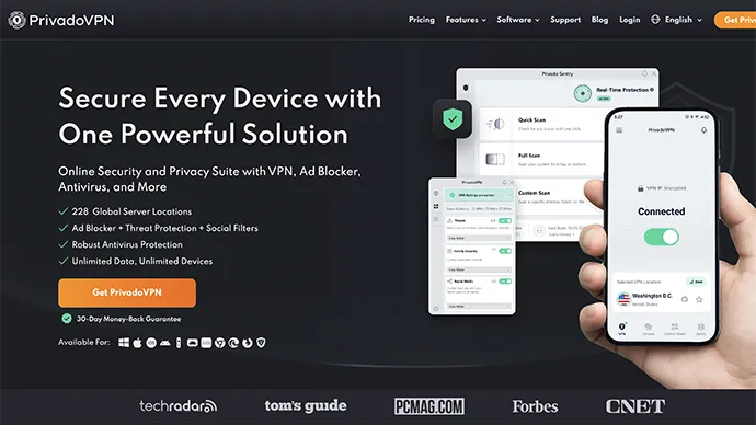 PrivadoVPN homepage screenshot showing Swiss VPN service