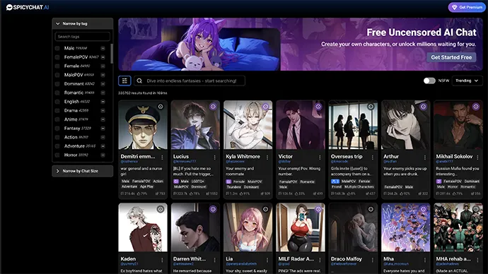 SpicyChat homepage screenshot - AI chatbot community platform